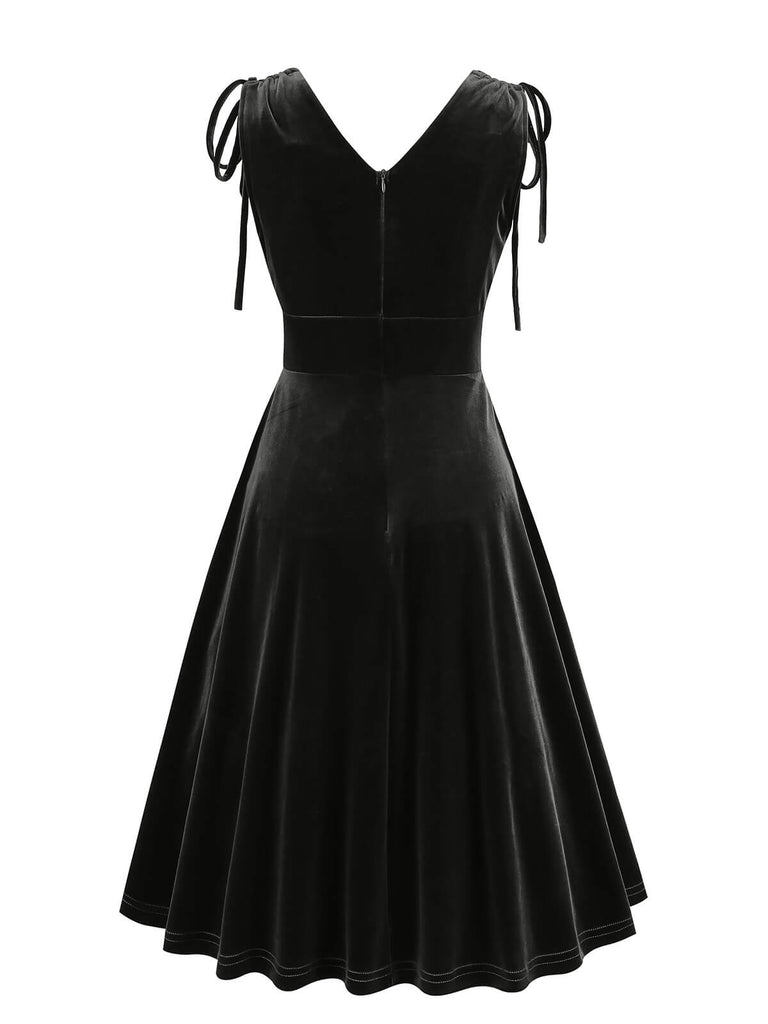 1950er Solide Samt Schnürung V-Ausschnitt Kleid