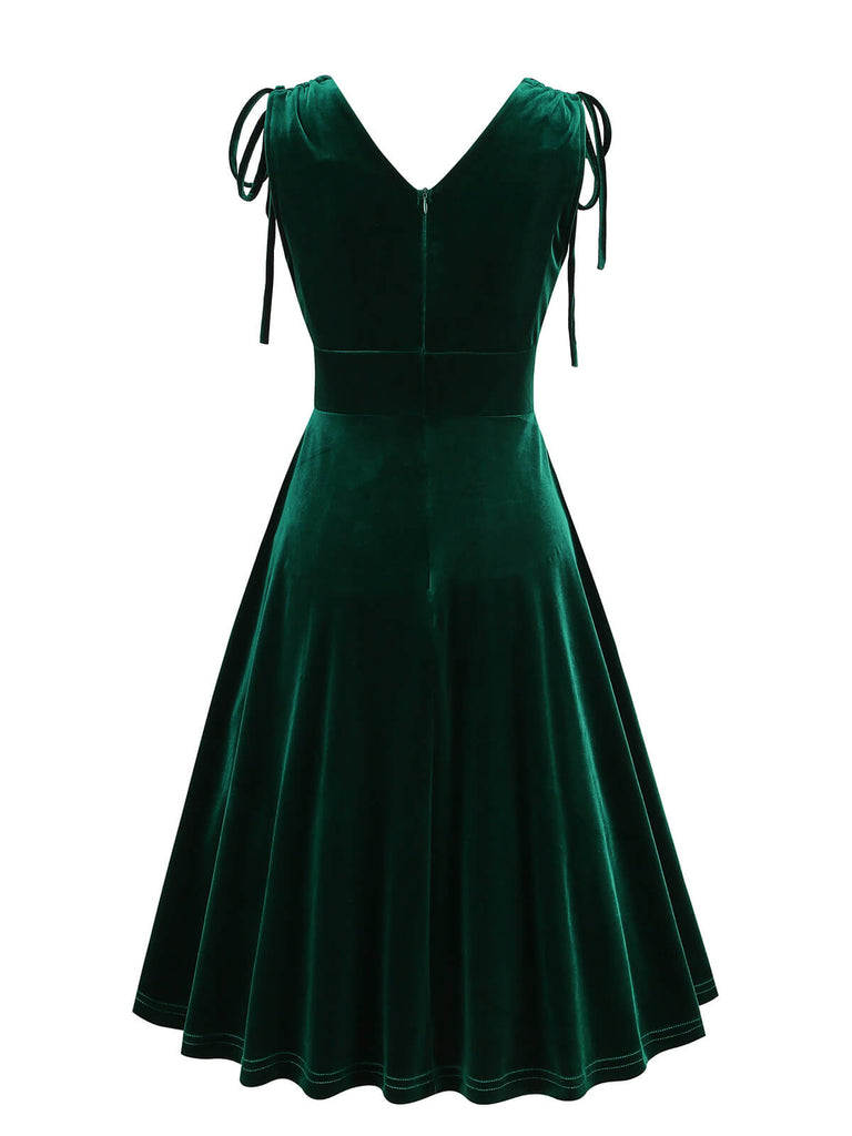 1950er Solide Samt Schnürung V-Ausschnitt Kleid
