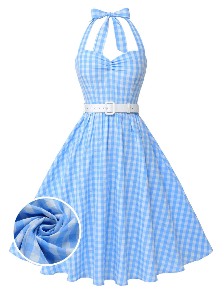 Hellblau 1950er Kariert Halter Swing Kleid