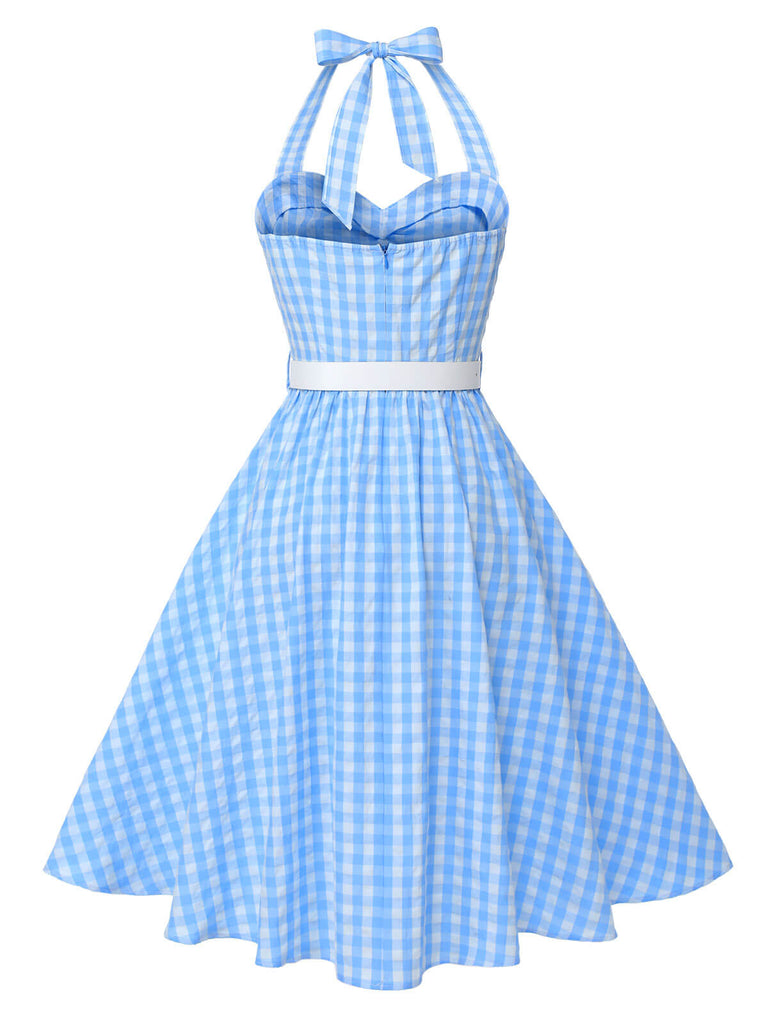 Hellblau 1950er Kariert Halter Swing Kleid