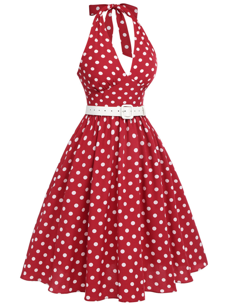 Rot 1950er Polka Dot Halter Kleid