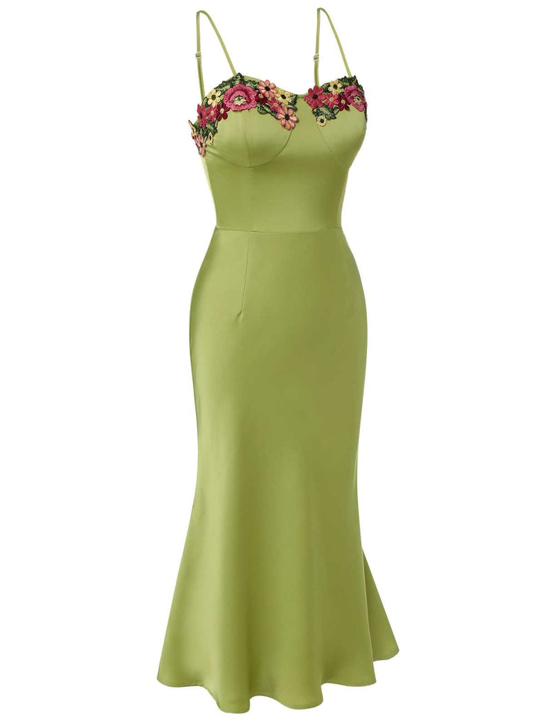 Grün 1960er Spaghetti Träger 3D-Blumenkleid