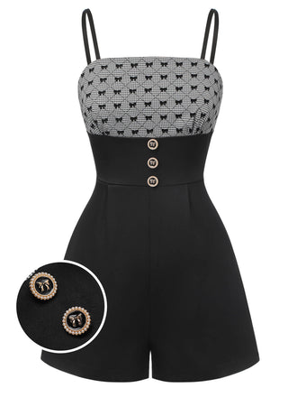 [Vorverkauf] Schwarz 1950er Bogen Button Patchwork Träger Romper