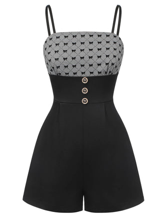 [Vorverkauf] Schwarz 1950er Bogen Button Patchwork Träger Romper