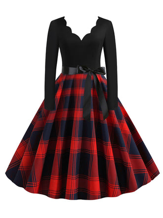 1950er V-Ausschnitt Langärmeliges Plaid Swing Kleid