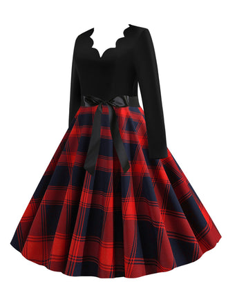 1950er V-Ausschnitt Langärmeliges Plaid Swing Kleid