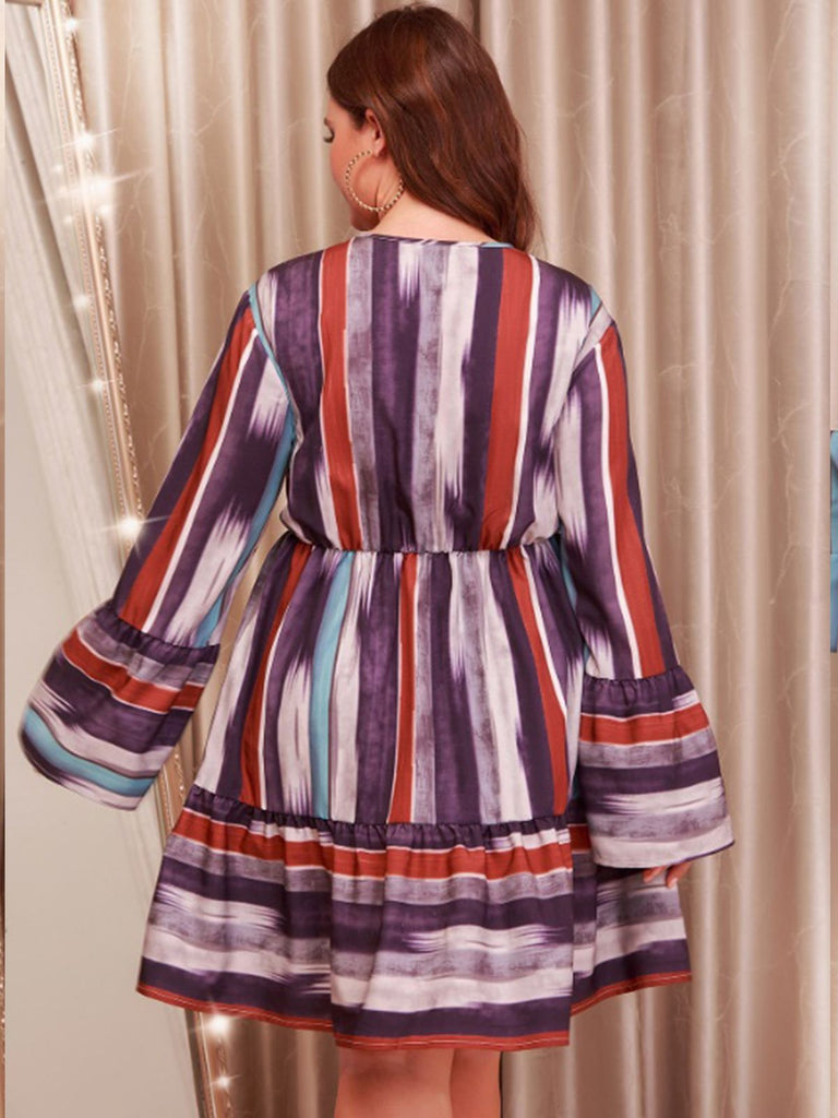 [Übergröße] 1940er Gestreift Ausgestelltem V-Ausschnitt Gerafftes Kleid