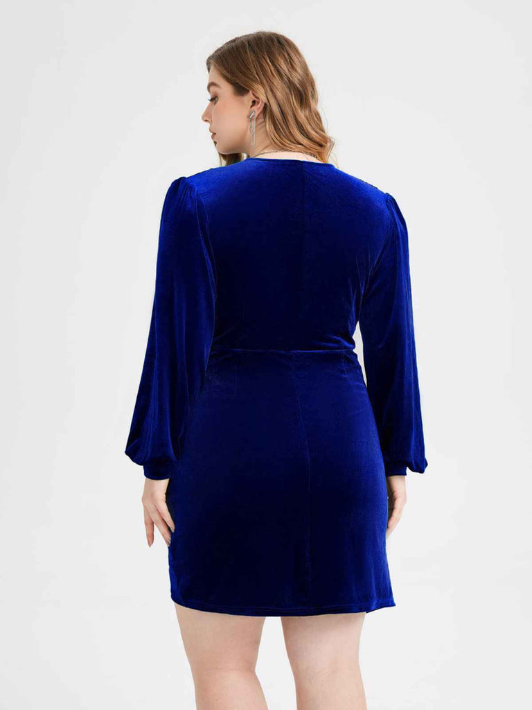 [Übergröße] Blau 1960er V-Ausschnitt Samtkleid