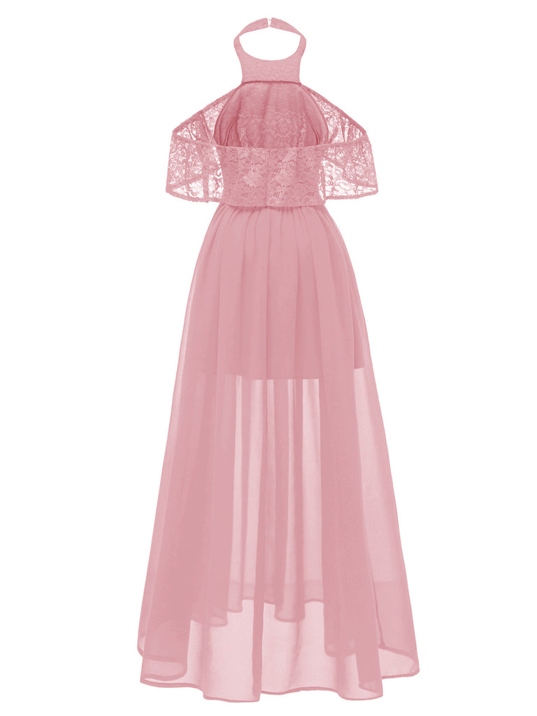 1940er Solide Spitze Kalten Schultern Langes Kleid