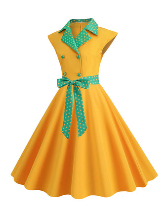 Gelb 1950er Kontrastierenden Tupfen Schleifenknoten Gürtelkleid