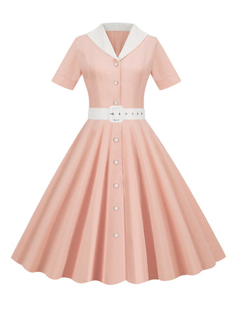 Rosa 1950er Solide Kontrastierendem Reversgürtel Kleid