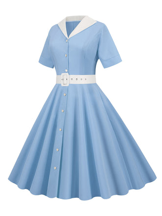 Himmelblau 1950er Solide Kontrastierendem Reversgürtel Kleid