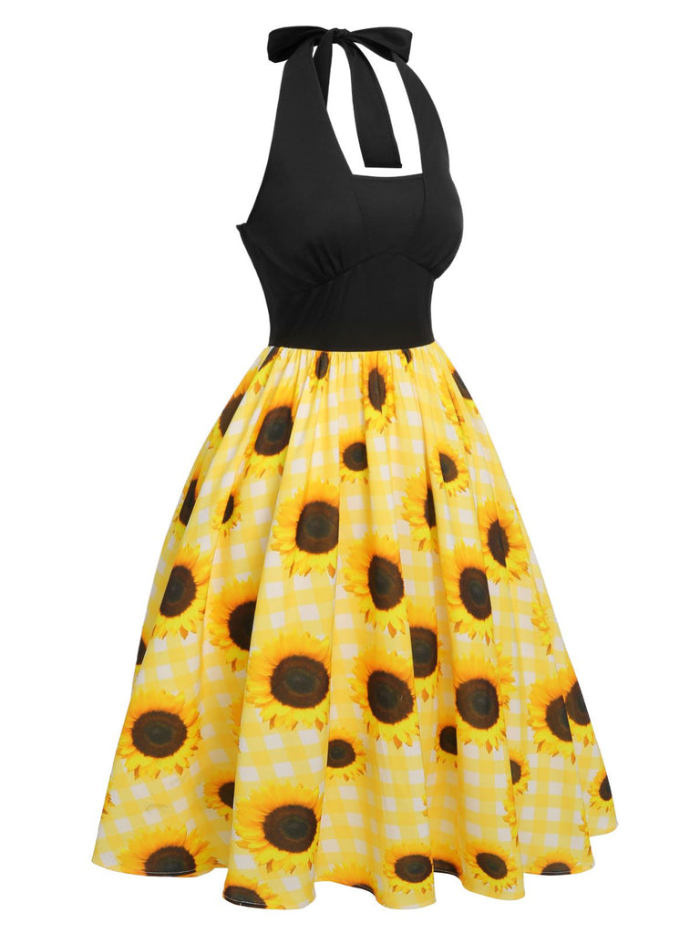 Gelb 1950er Sonnenblume Kariert Halter Kleid