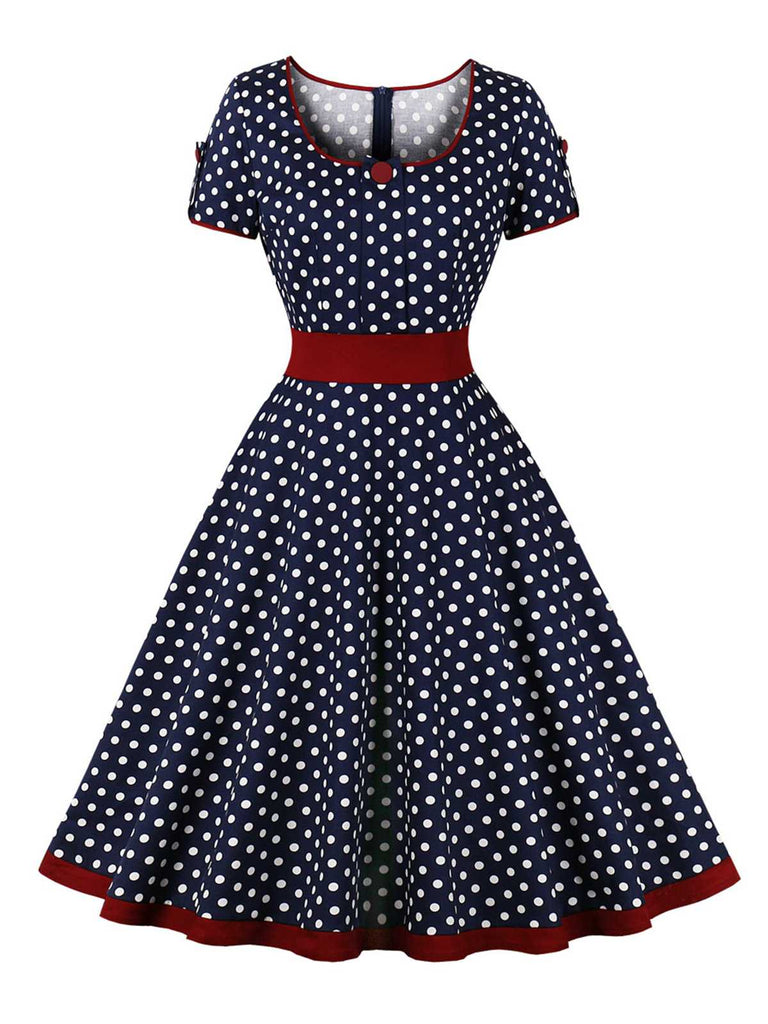 [Vorverkauf] 1950er Kontrast Polka Dot Geknöpftes Kleid