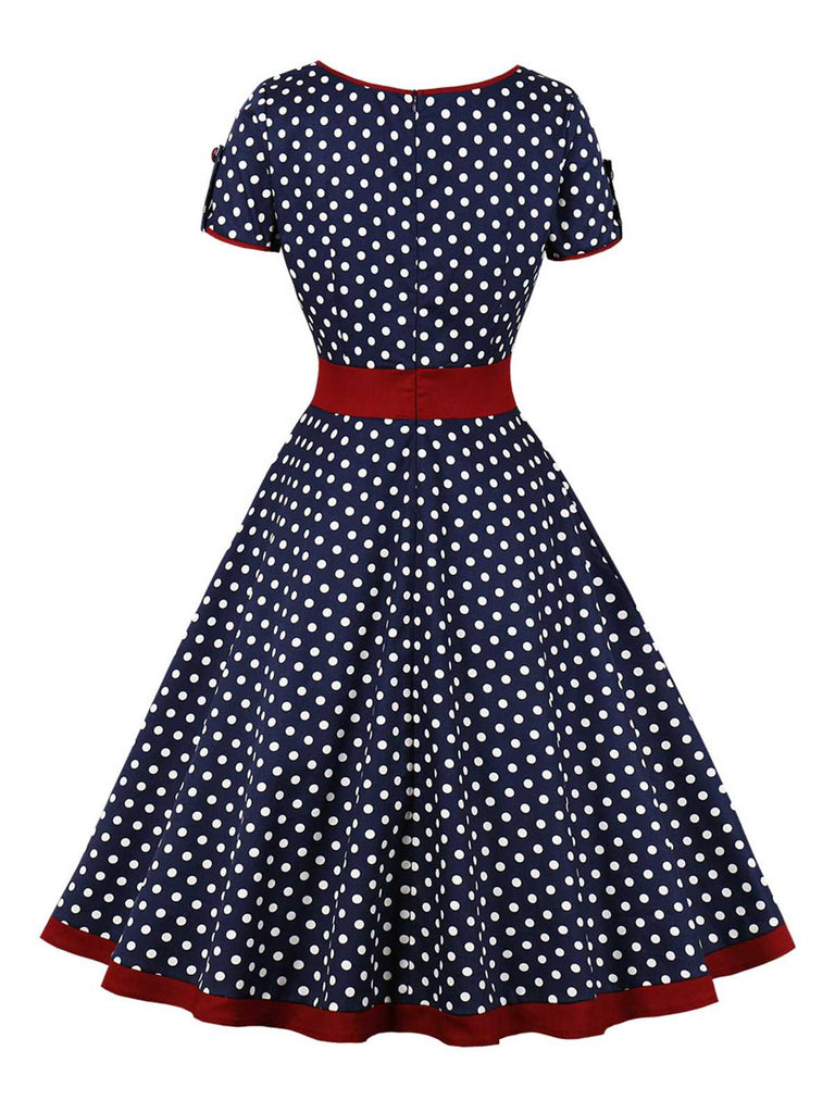 1950er Kontrast Polka Dot Geknöpftes Kleid