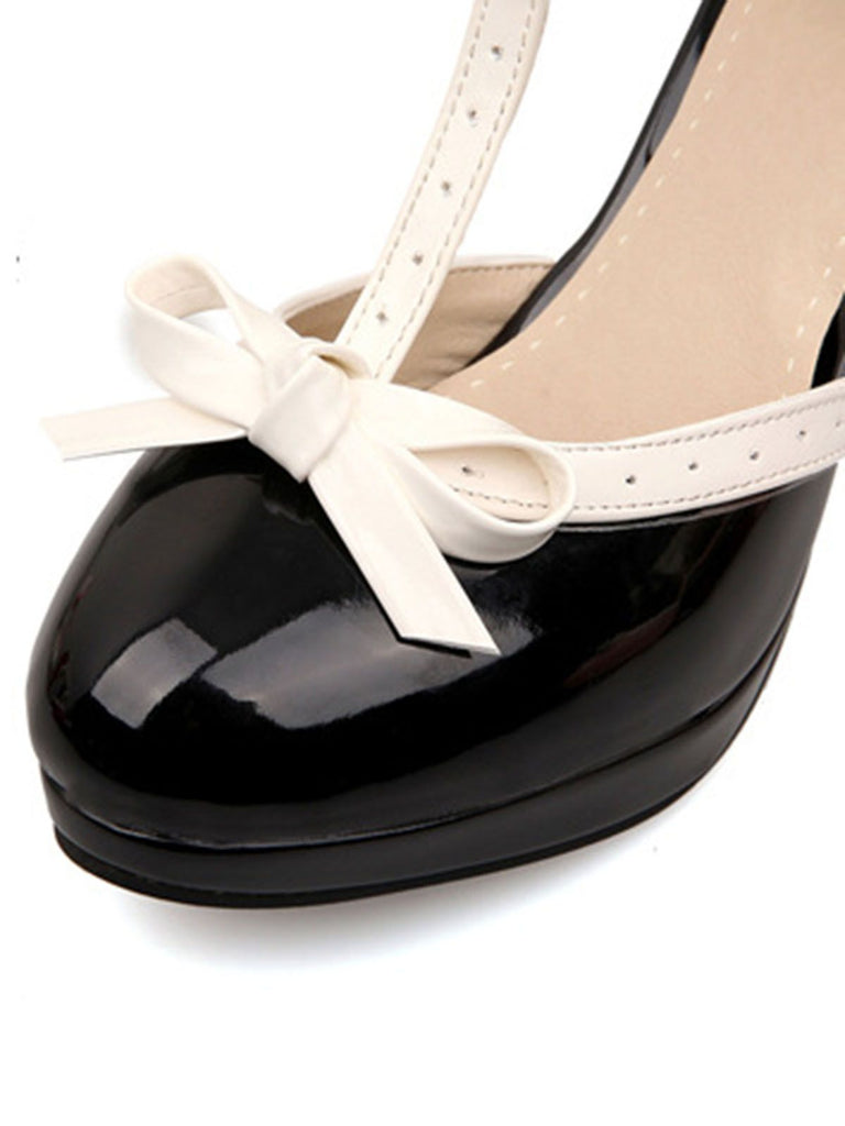 Schwarz Retro Bogen Dekor Hoher Absatz Schuhe