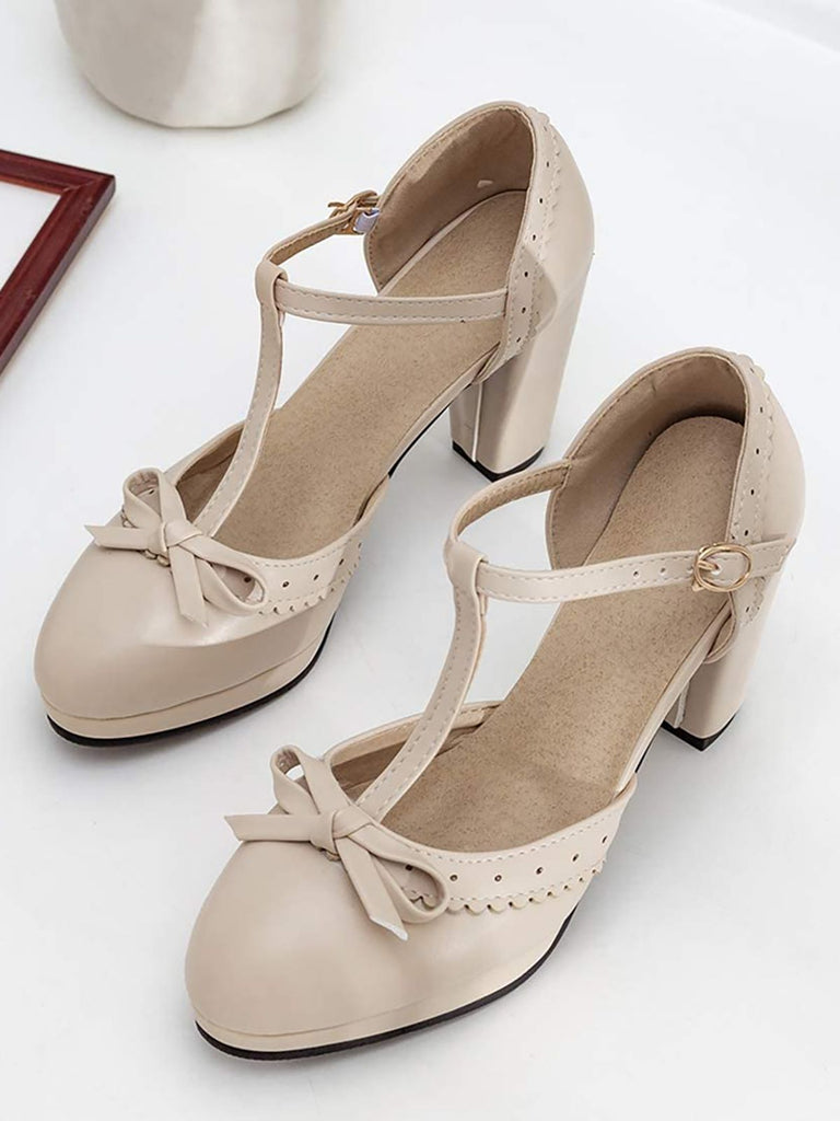 Hellblau Retro Bogen T-Gurt Hoher Absatz Schuhe