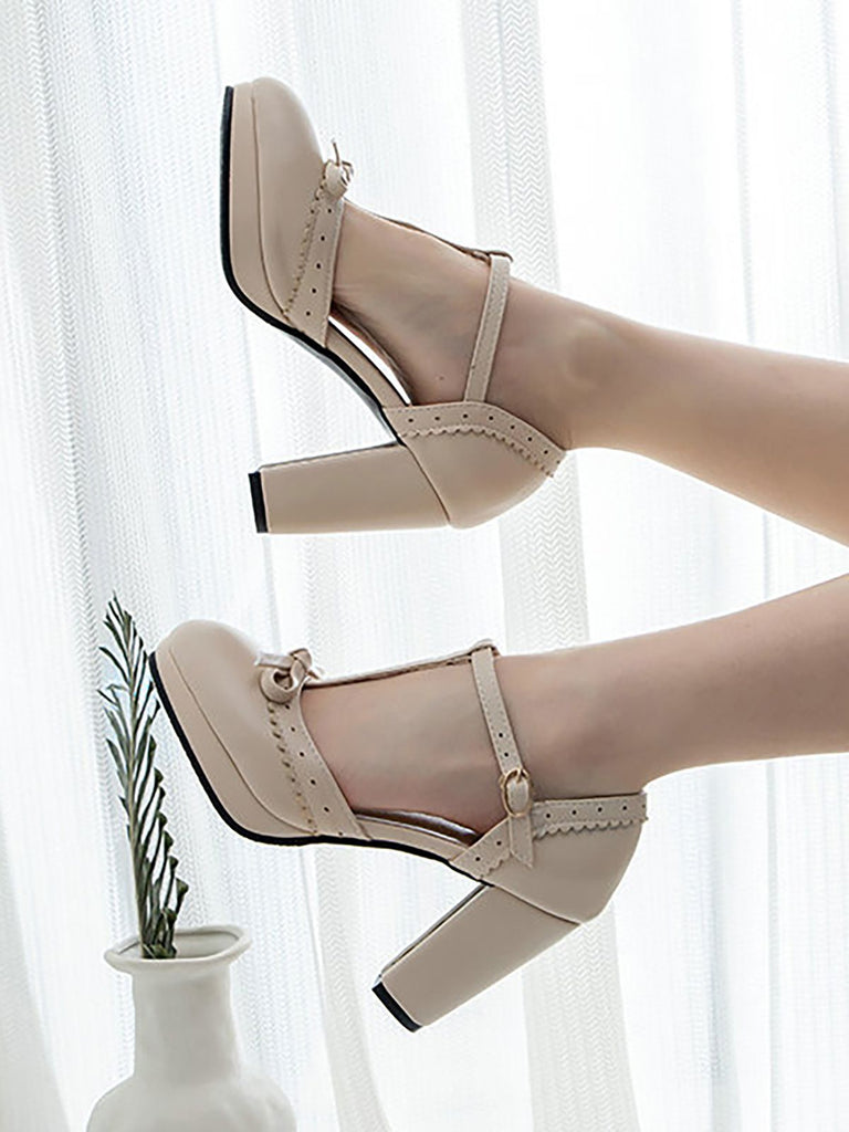 Hellblau Retro Bogen T-Gurt Hoher Absatz Schuhe