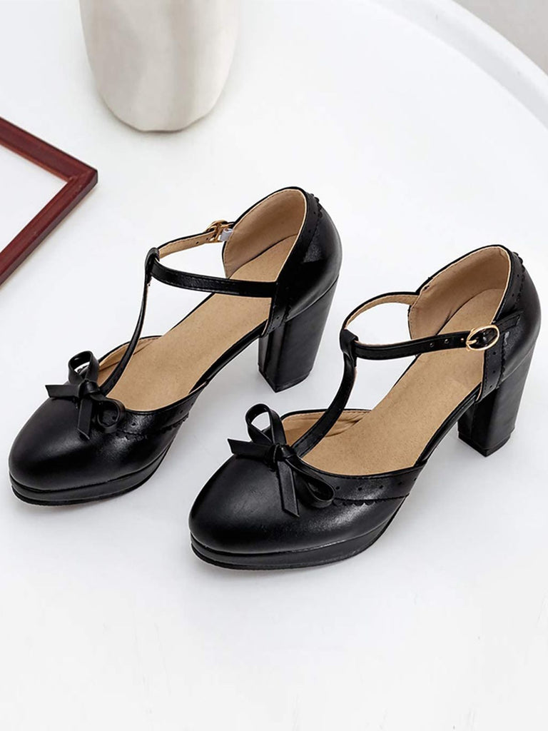 Hellblau Retro Bogen T-Gurt Hoher Absatz Schuhe