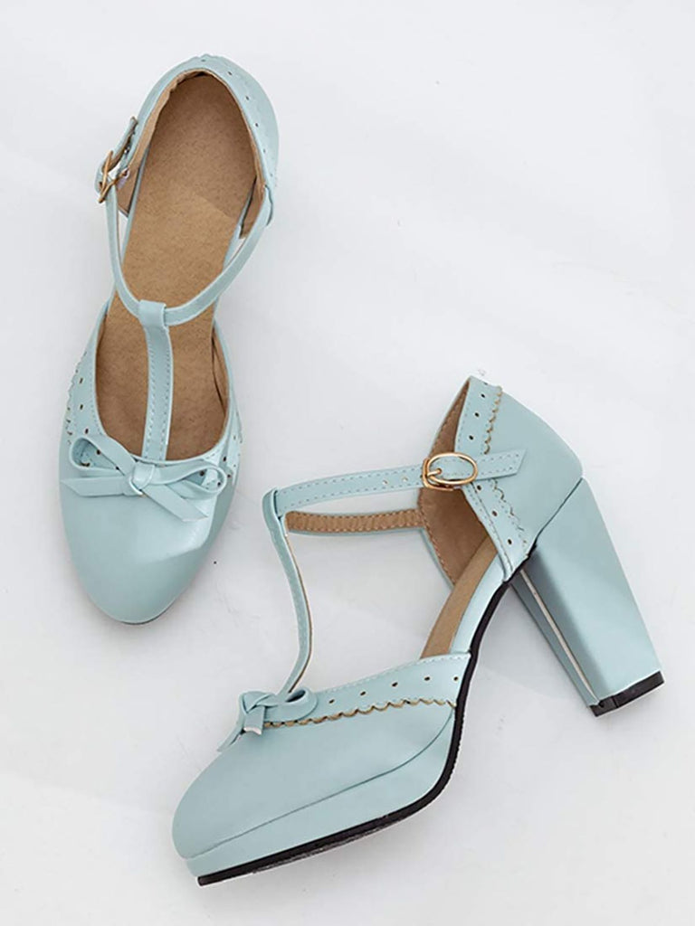 Hellblau Retro Bogen T-Gurt Hoher Absatz Schuhe