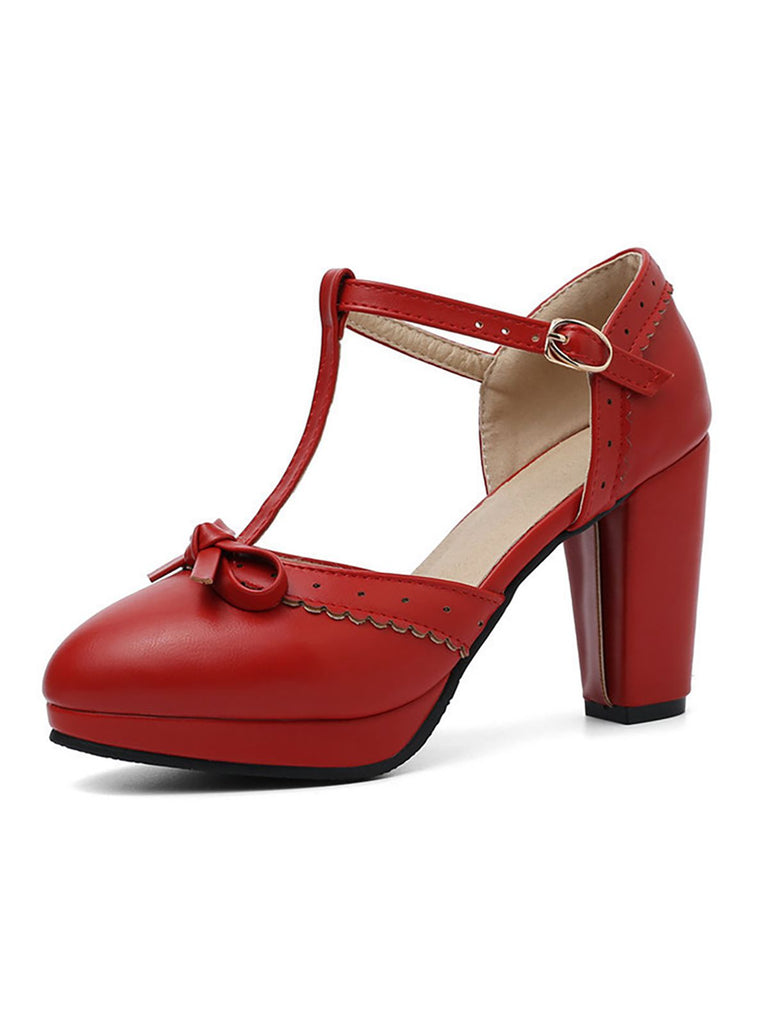 Hellblau Retro Bogen T-Gurt Hoher Absatz Schuhe