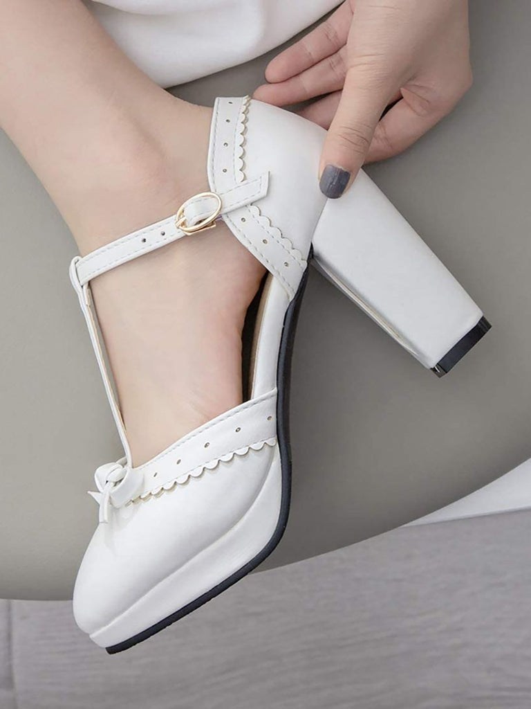 Hellblau Retro Bogen T-Gurt Hoher Absatz Schuhe