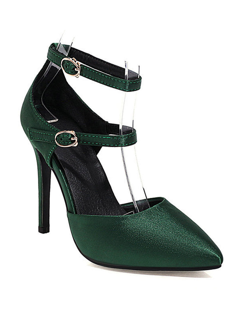 Dunkelgrün Satin Doppelschnalle Gürtel Hoher Absatz Schuhe