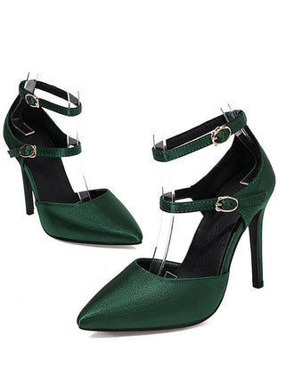 Dunkelgrün Satin Doppelschnalle Gürtel Hoher Absatz Schuhe