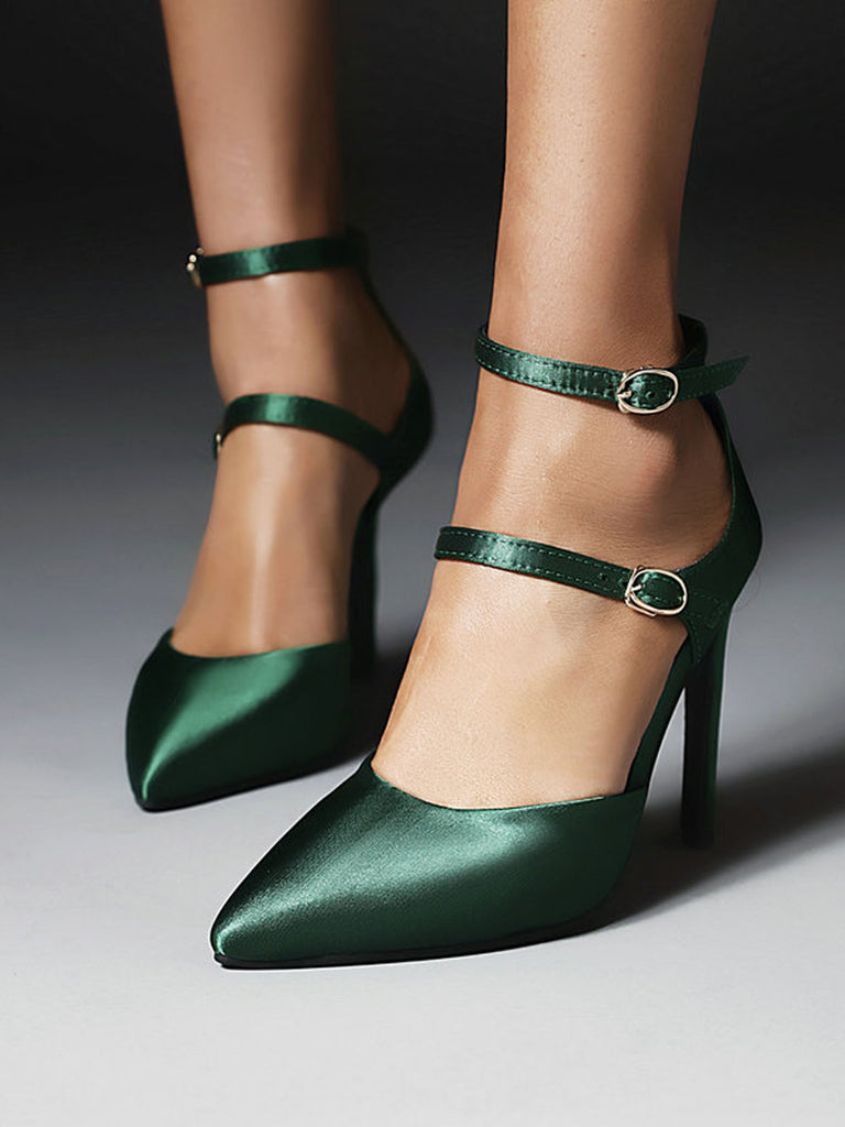 Dunkelgrün Satin Doppelschnalle Gürtel Hoher Absatz Schuhe