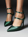 Dunkelgrün Satin Doppelschnalle Gürtel Hoher Absatz Schuhe