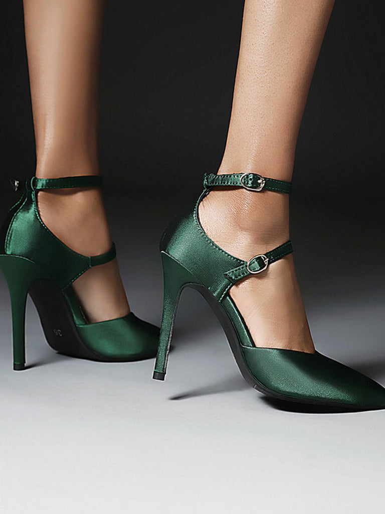 Dunkelgrün Satin Doppelschnalle Gürtel Hoher Absatz Schuhe