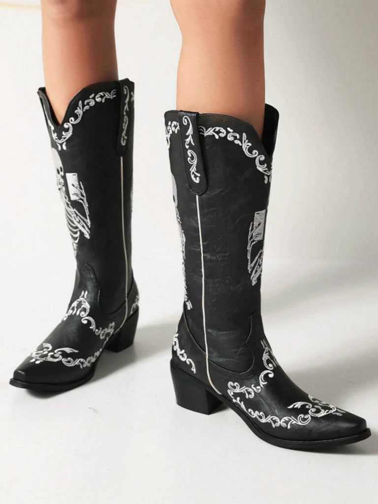 SKELETT-STICKEREI SPITZE STIEFEL MIT KLATSCHEN ABSATZ
