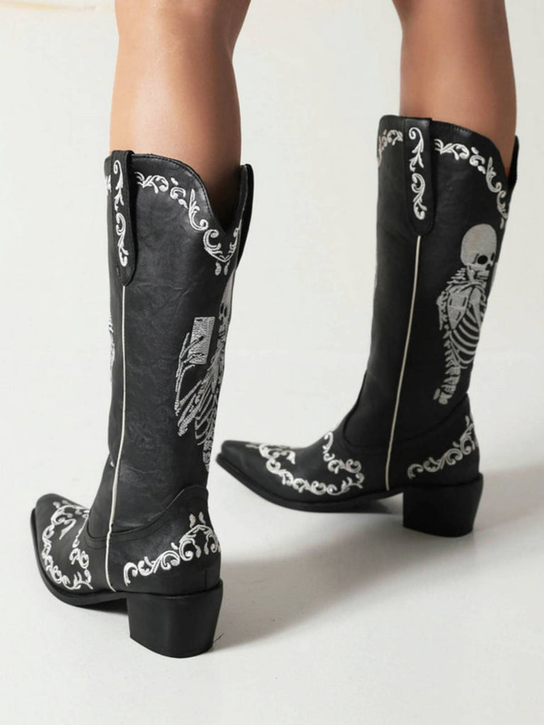 SKELETT-STICKEREI SPITZE STIEFEL MIT KLATSCHEN ABSATZ