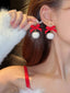 Weihnachten Rote Schleife Weiße Plüschkugel Ohrringe