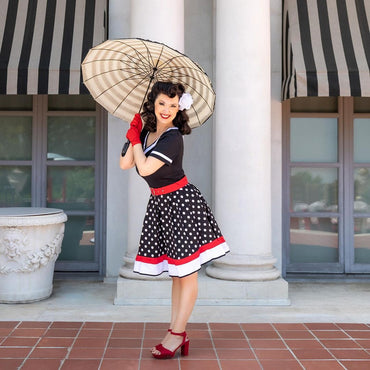 Schwarz 1950er Punkt Druck Patchwork Kleid