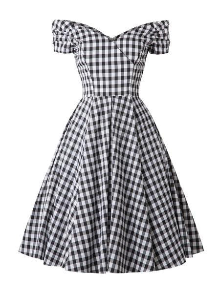 1950ER SCHWARZ PLAID SCHUTERFREI V-AUSSCHNITT SWING KLEID