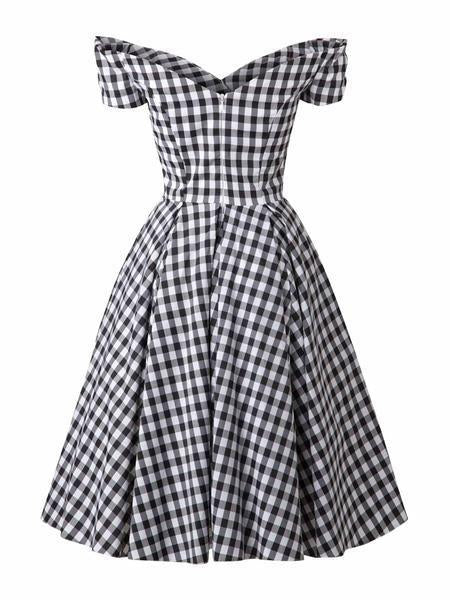 1950ER SCHWARZ PLAID SCHUTERFREI V-AUSSCHNITT SWING KLEID