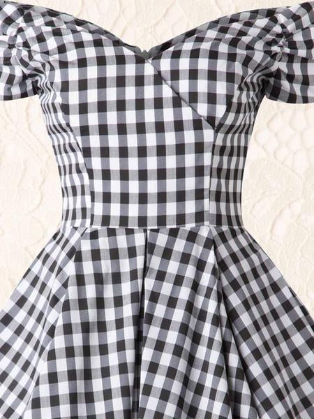 1950ER SCHWARZ PLAID SCHUTERFREI V-AUSSCHNITT SWING KLEID