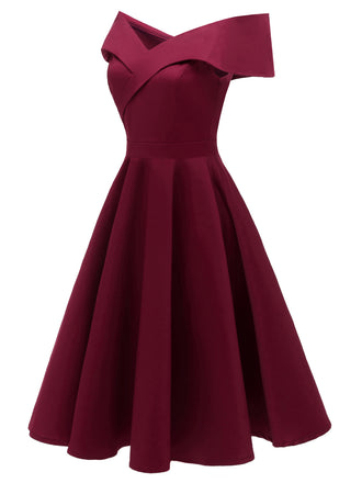[Vorverkauf] Weinrot 1950er Solide Schulterfrei Swing Kleid