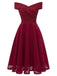 WEINROT 1950ER SCHULTERFREI BLUMEN SPITZE SWING KLEID