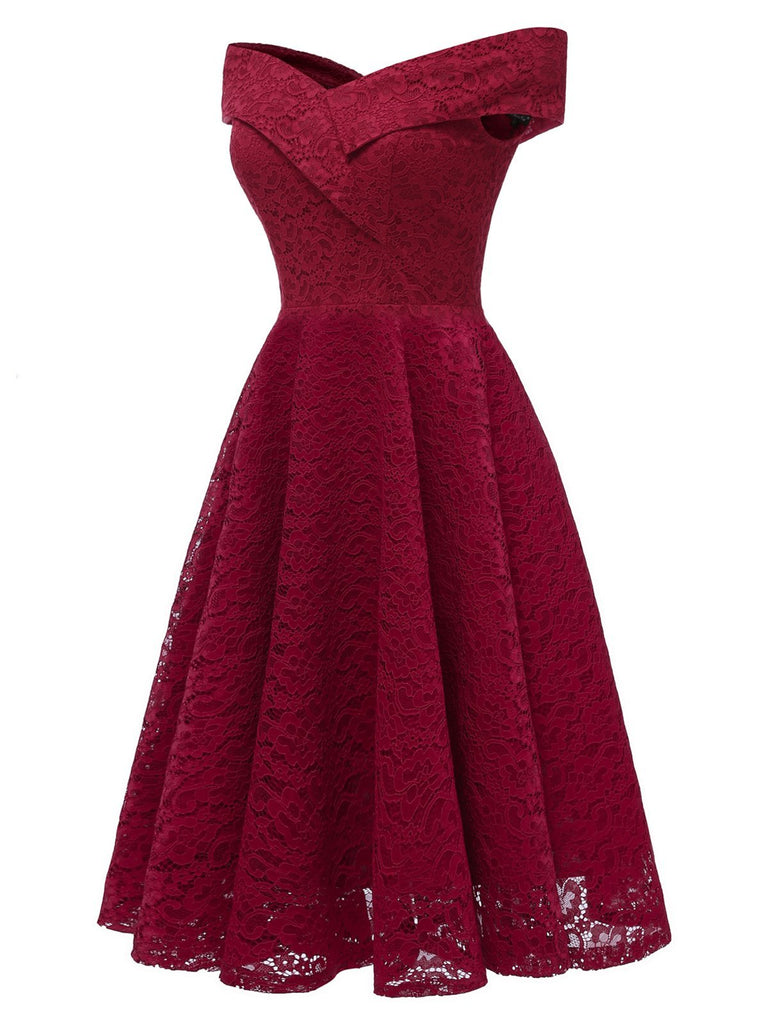 WEINROT 1950ER SCHULTERFREI BLUMEN SPITZE SWING KLEID