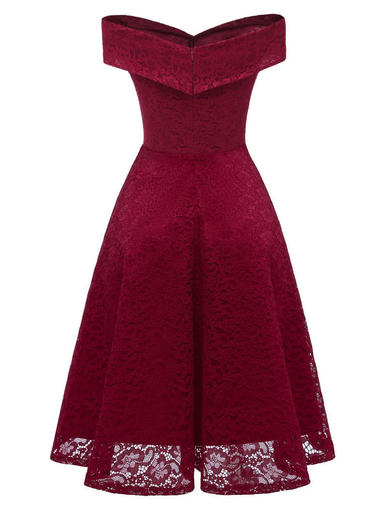 WEINROT 1950ER SCHULTERFREI BLUMEN SPITZE SWING KLEID