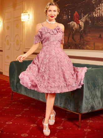 1950ER SPITZE SCHULTER RÜSCHEN BLUMEN KLEID