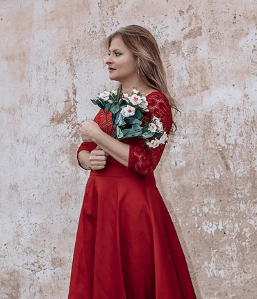 Weinrot 1950ER SPITZE SCHULTERFREIES KLEID