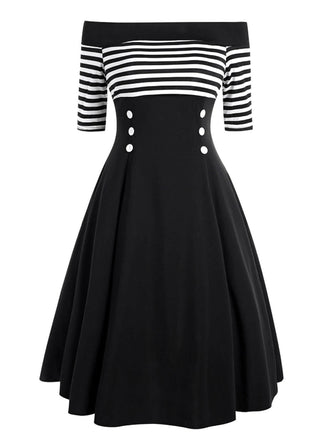 SCHWARZ 1950ER STREIFEN SCHULTERFREIES KLEID