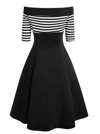 SCHWARZ 1950ER STREIFEN SCHULTERFREIES KLEID