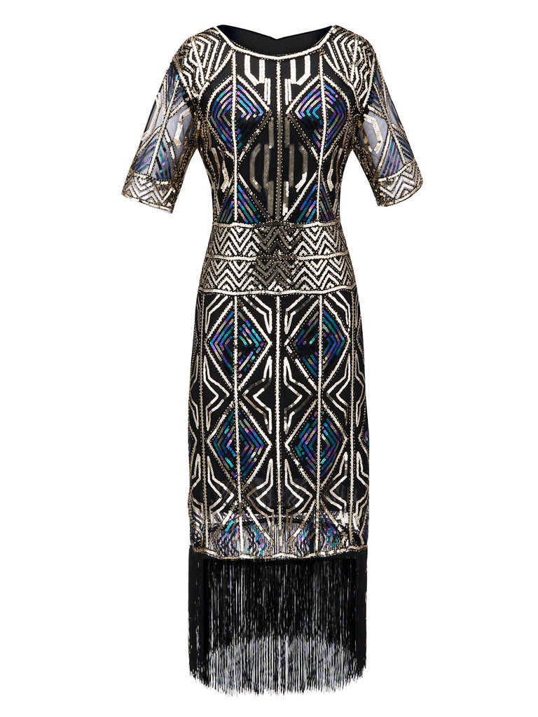 WEINROT 1920ER HALBE ÄRMEL PAILLETTEN FRANSEN KLEID