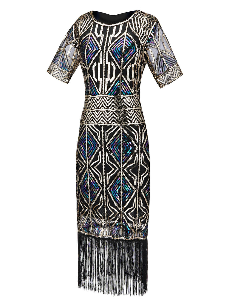 SCHWARZ 1920ER HALBE ÄRMEL PAILLETTEN FRANSEN KLEID