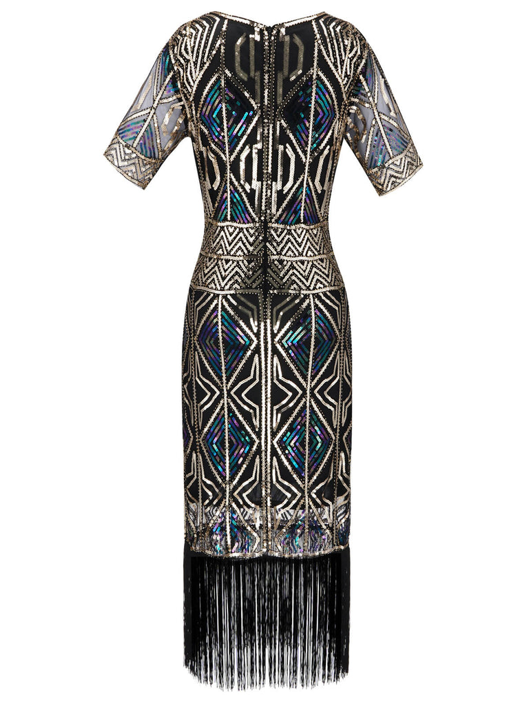 SCHWARZ 1920ER HALBE ÄRMEL PAILLETTEN FRANSEN KLEID