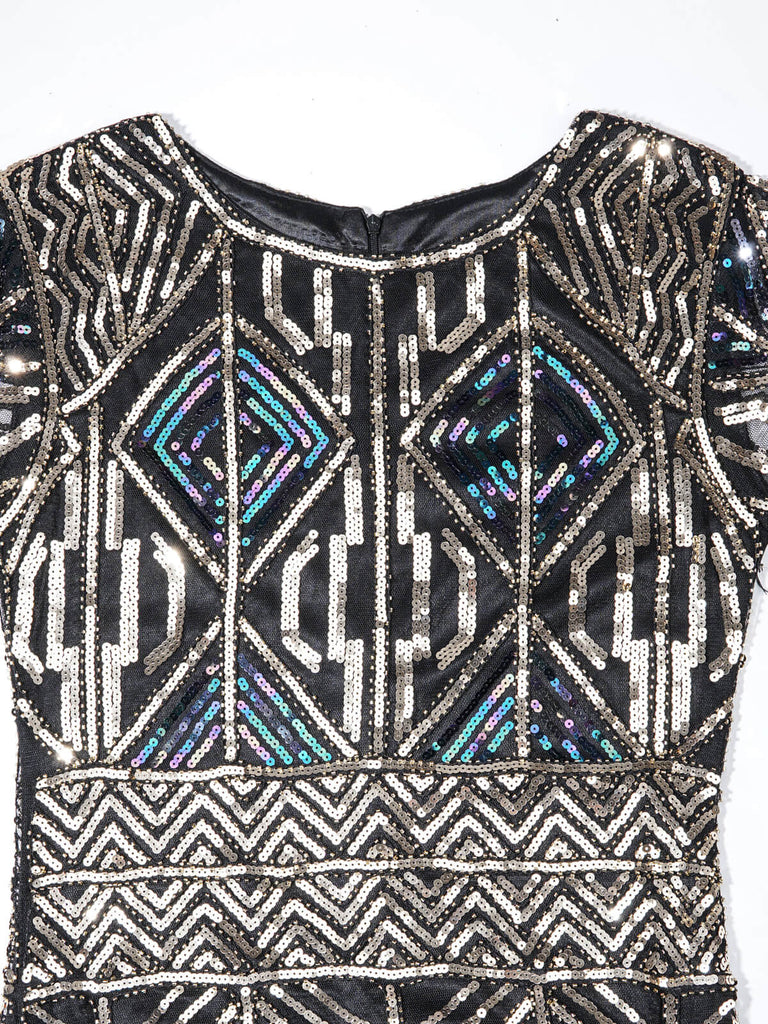 SCHWARZ 1920ER HALBE ÄRMEL PAILLETTEN FRANSEN KLEID